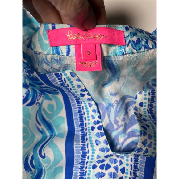 Pineapple Print Tunic Top S Bell Sleeve Blue White Boho‎ Resort Vacation Rayon - Picture 5 of 10